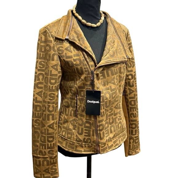 NWT Desigual Chaq_Lou Brown Logo Print Faux Suede Moto Jacket Size 40 (M) - Picture 1 of 16